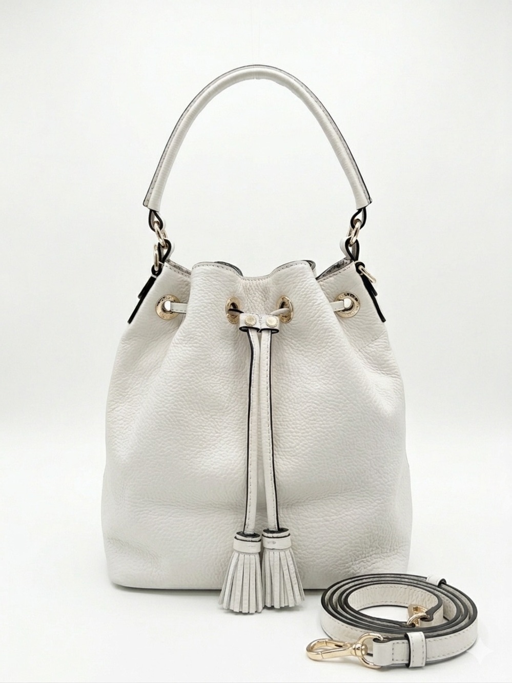 Henri Bendel Bedford Ivory/ White Pebbled Leather Drawstring Bucket Bag